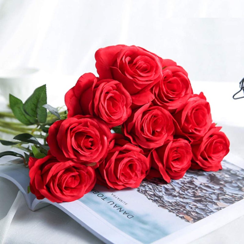 AMZALI Artificial Flowers, Real Looking Blush Fake Rose Long Stem Silk Artificial Rose Flowers Home Decor for Bridal Wedding Bouquet, Centerpieces Birthday Flowers Party Garden Floral Arrangement Red - Image 2